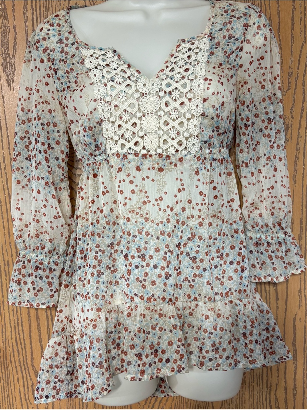 Boho Floral Crochet-Yoke Peasant top- Cream with Rust & Dusty Blue